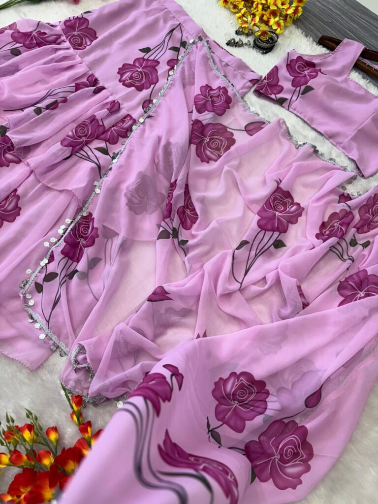 premium georgette ruffle lehenga saree with coin lace dupatta