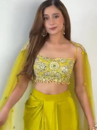 designer style dhoti with tube blouse and shrug