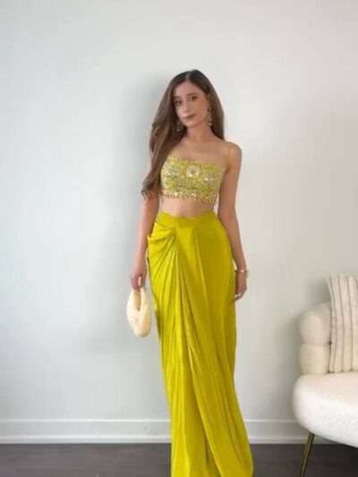 designer style dhoti with tube blouse and shrug