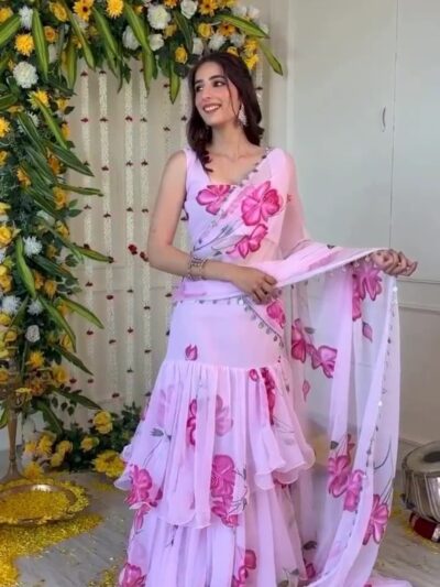 premium georgette ruffle lehenga saree with coin lace dupatta