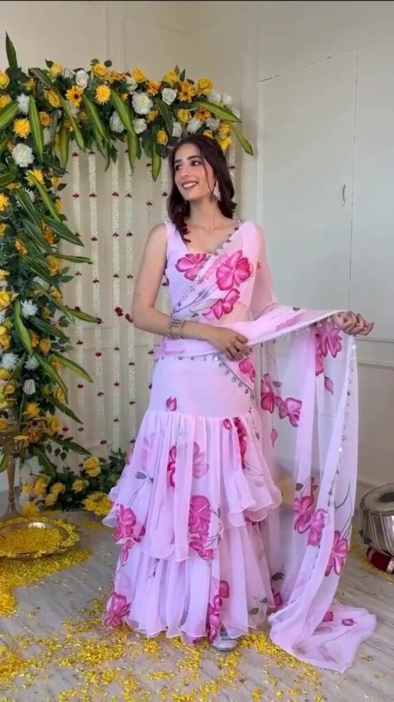 premium georgette ruffle lehenga saree with coin lace dupatta