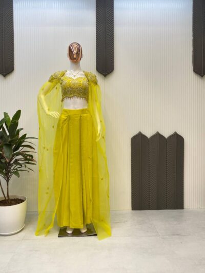 designer style dhoti with tube blouse and shrug