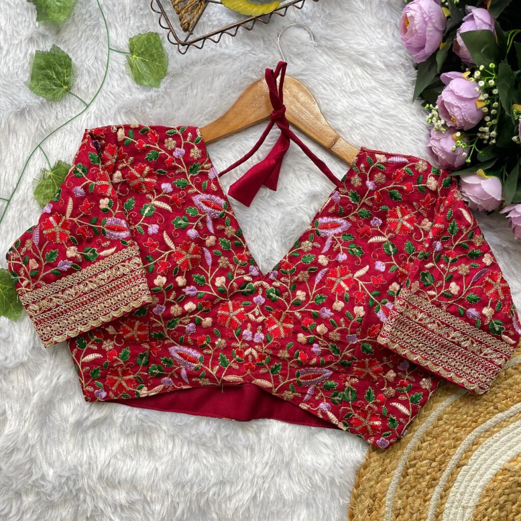 maroon jimichu designer saree with multi colour embroidered stitched blouse