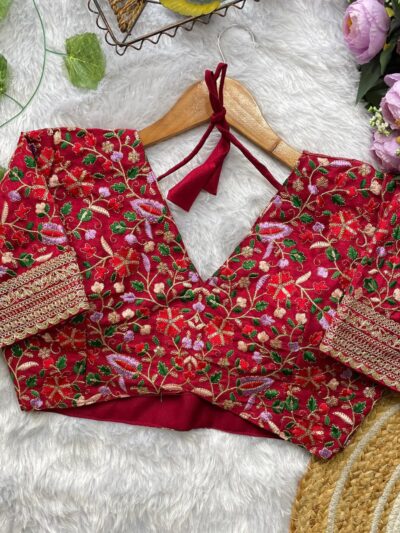 maroon jimichu designer saree with multi colour embroidered stitched blouse