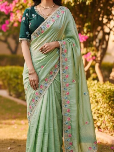 designer gold crush silk party wear embroidered saree