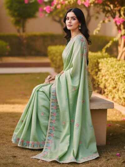 designer gold crush silk party wear embroidered saree