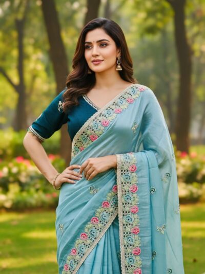 designer gold crush silk party wear embroidered saree