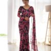 black & pink floral printed ready to wear saree