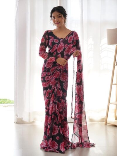 black & pink floral printed ready to wear saree