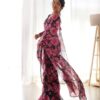 black & pink floral printed ready to wear saree