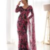black & pink floral printed ready to wear saree