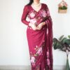 ready to wear wine color georgette printed saree with unstitched blouse