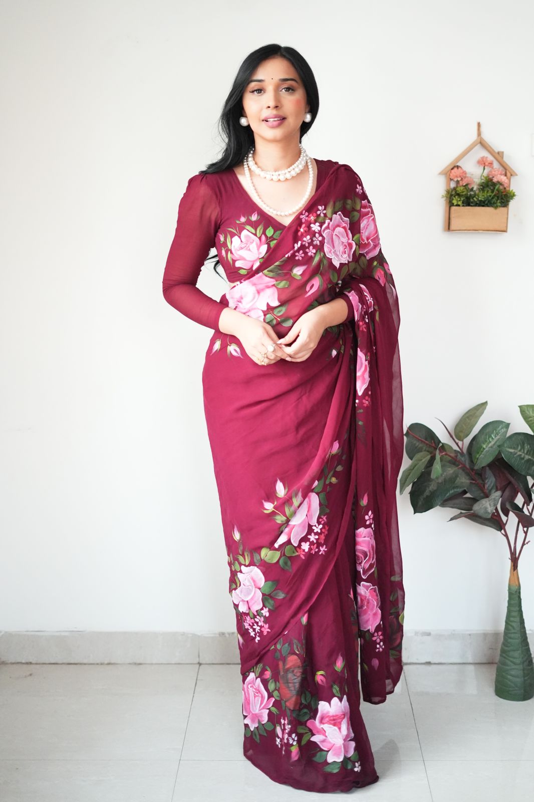 ready to wear wine color georgette printed saree with unstitched blouse ready to wear wine color georgette printed saree with unstitched blouse