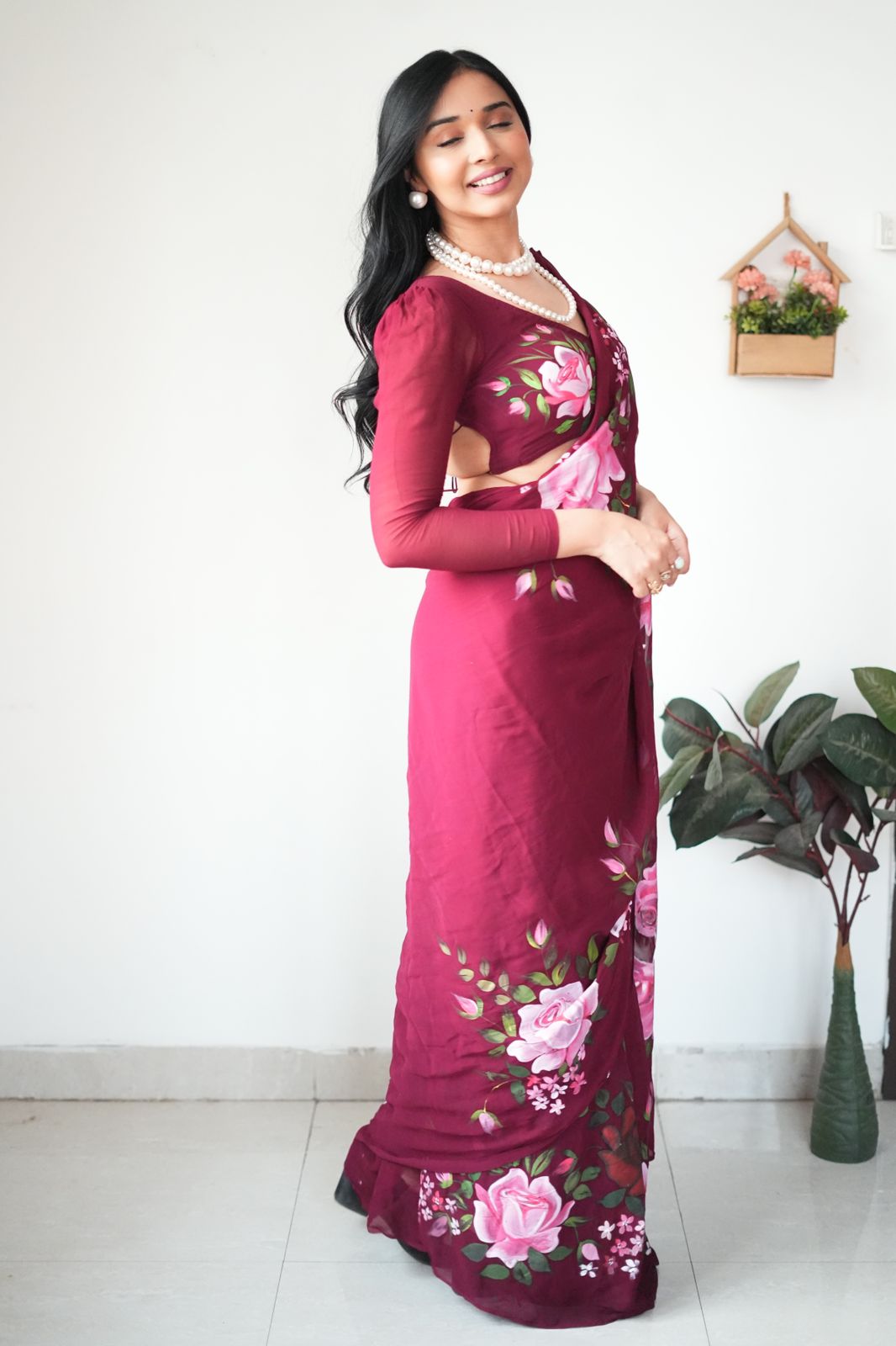 ready to wear wine color georgette printed saree with unstitched blouse ready to wear wine color georgette printed saree with unstitched blouse