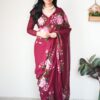 ready to wear wine color georgette printed saree with unstitched blouse