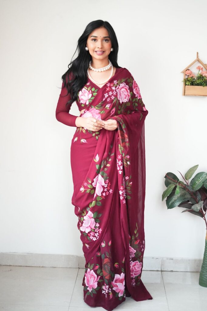 ready to wear wine color georgette printed saree with unstitched blouse