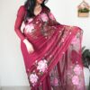 ready to wear wine color georgette printed saree with unstitched blouse