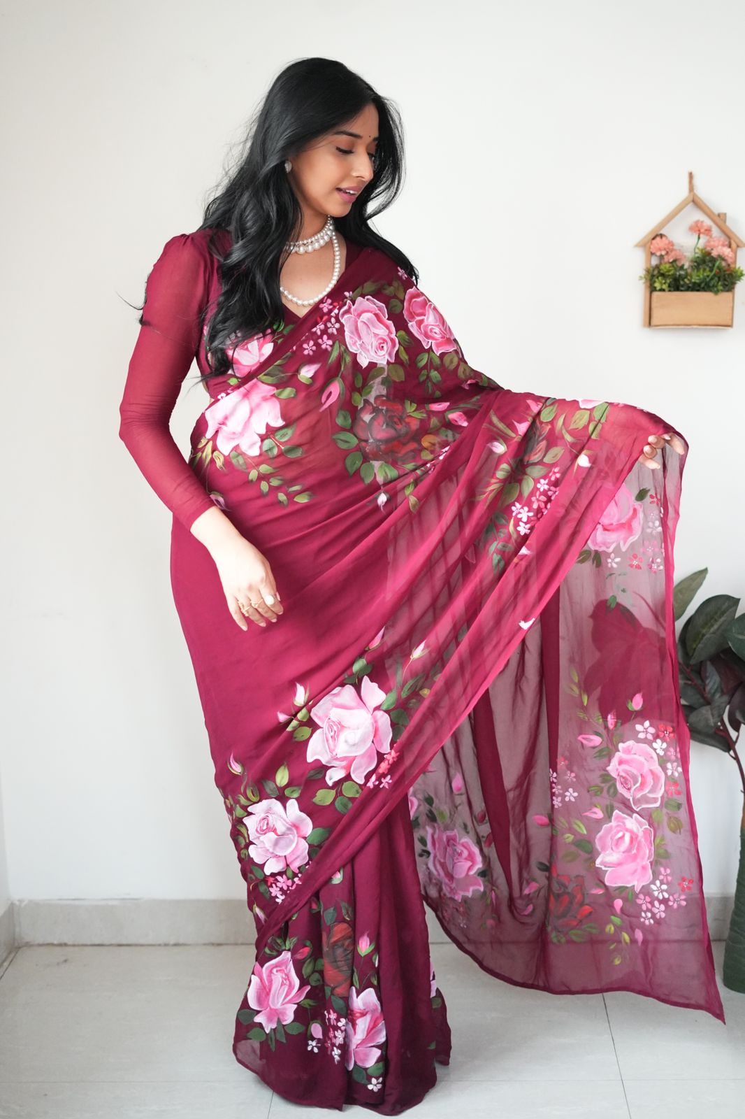 ready to wear wine color georgette printed saree with unstitched blouse ready to wear wine color georgette printed saree with unstitched blouse