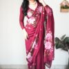 ready to wear wine color georgette printed saree with unstitched blouse