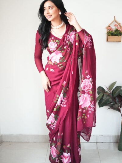 ready to wear wine color georgette printed saree with unstitched blouse