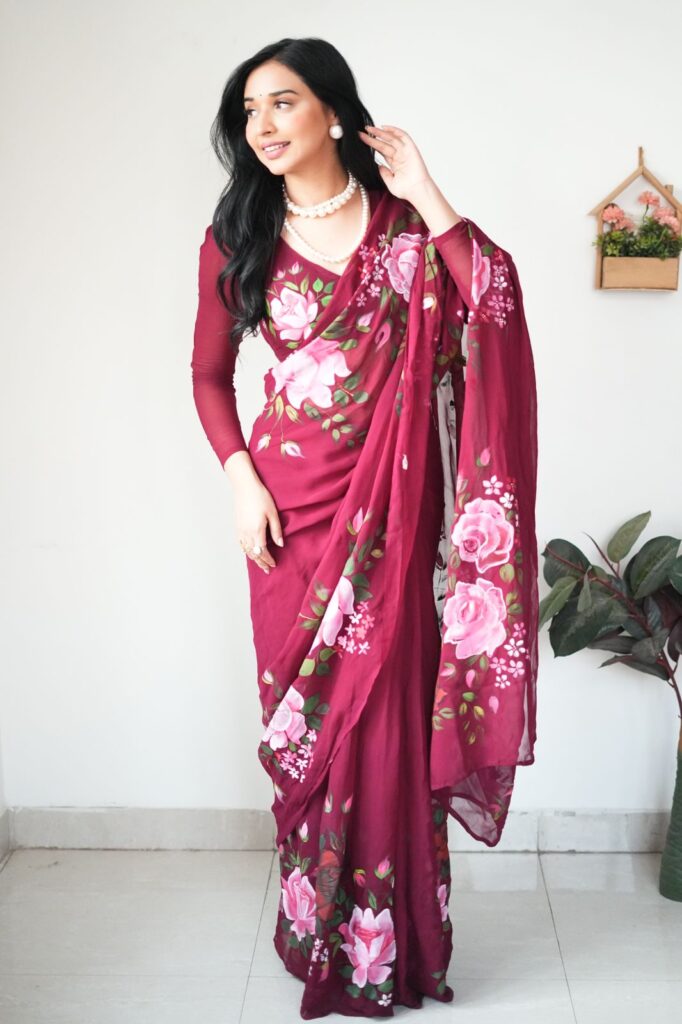 ready to wear wine color georgette printed saree with unstitched blouse