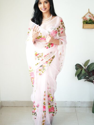 white organza ready to wear printed saree