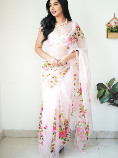 white organza ready to wear printed saree