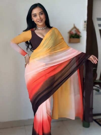 ready to wear multi color georgette printed saree with unstitched blouse