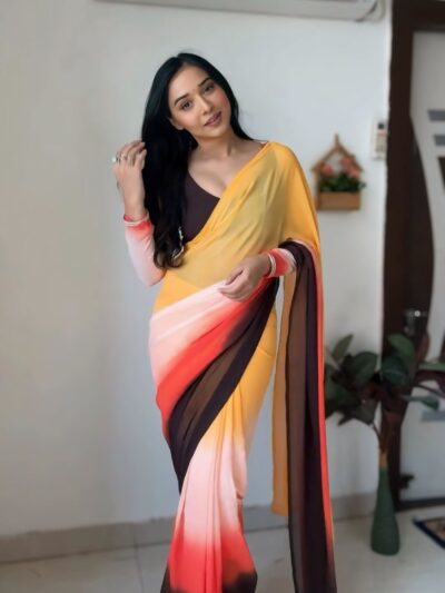 ready to wear multi color georgette printed saree with unstitched blouse