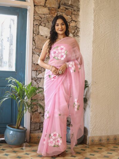 baby pink ready to wear printed georgette saree