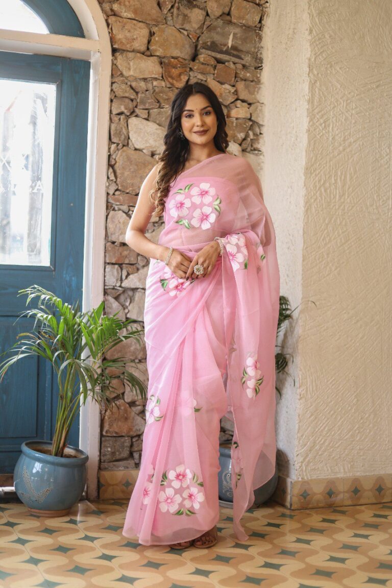 baby pink ready to wear printed georgette saree