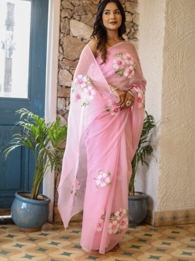 baby pink ready to wear printed georgette saree