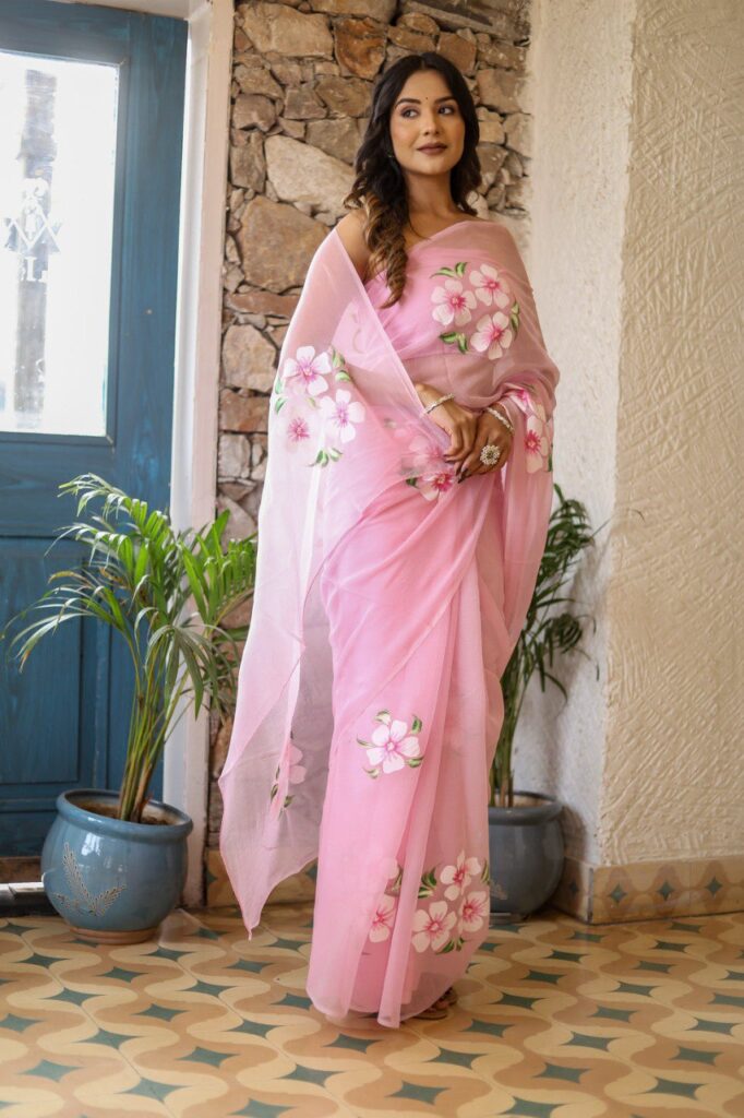 baby pink ready to wear printed georgette saree