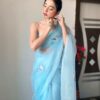 sky blue printed organza saree with unstitched blouse