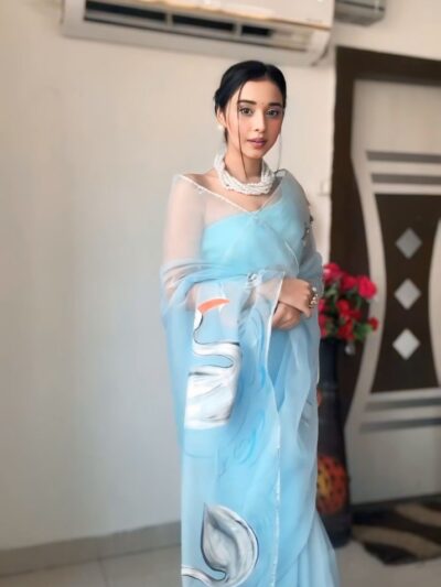 sky blue printed organza saree with unstitched blouse