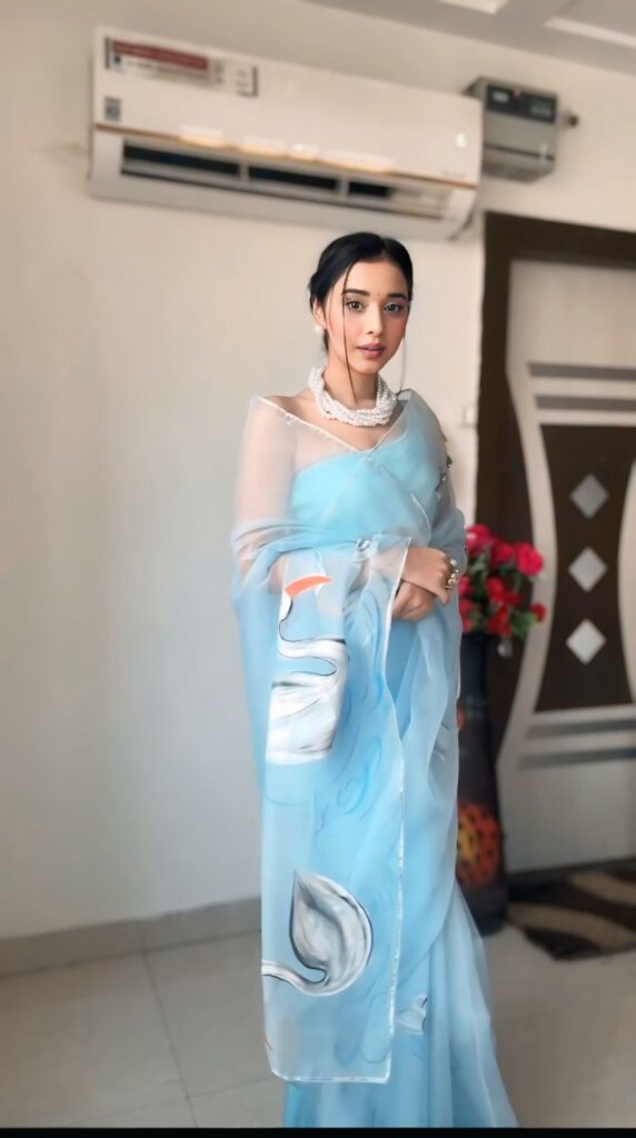 sky blue printed organza saree with unstitched blouse