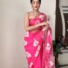 peach color organza printed saree with unstitched blouse