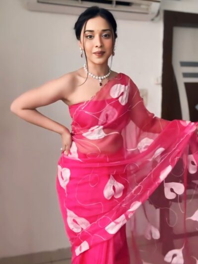 peach color organza printed saree with unstitched blouse