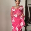 peach color organza printed saree with unstitched blouse