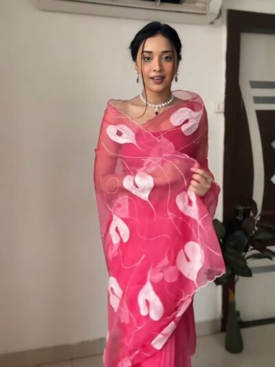 peach color organza printed saree with unstitched blouse