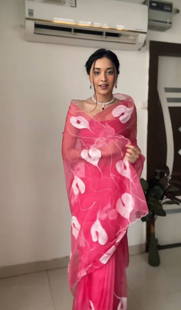 peach color organza printed saree with unstitched blouse