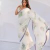 white satin silk ready to wear printed saree with blouse