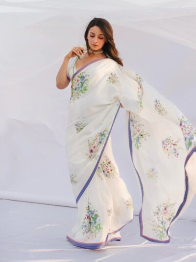 white satin silk ready to wear printed saree with blouse