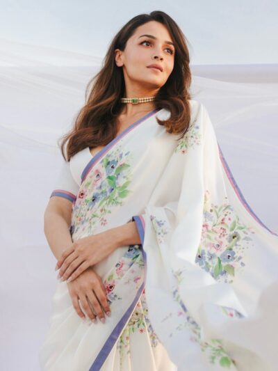 white satin silk ready to wear printed saree with blouse