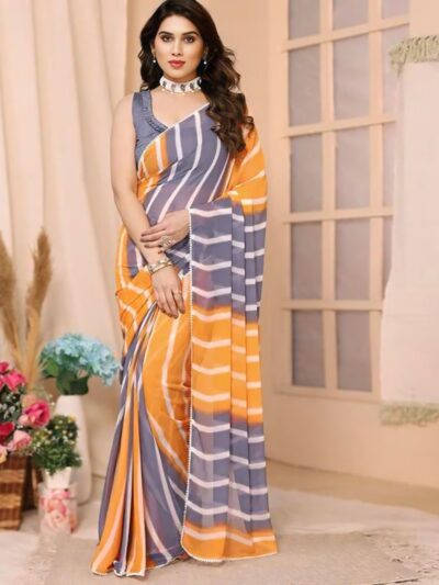 grey & mustard printed ready to wear georgette saree