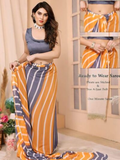 grey & mustard printed ready to wear georgette saree