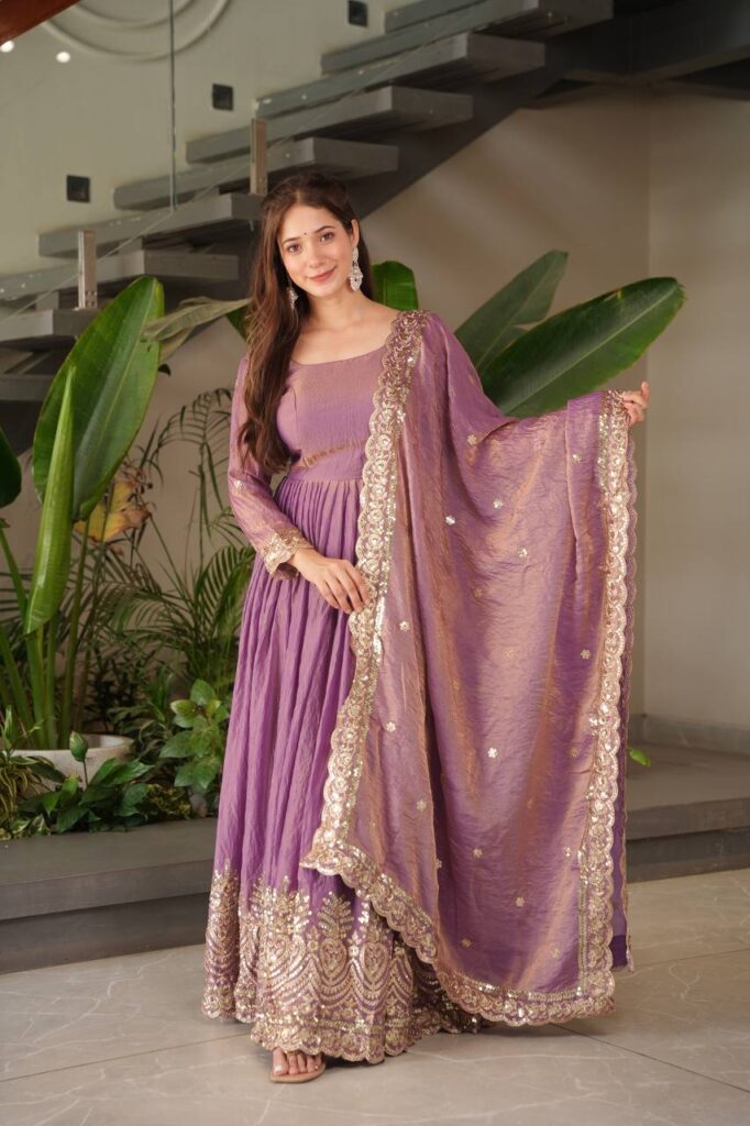 designer heavy fandy silk party wear gown set