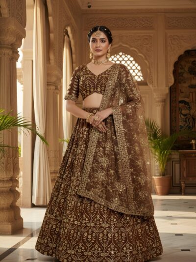 brown designer lehenga choli with sequins & zari embroidery