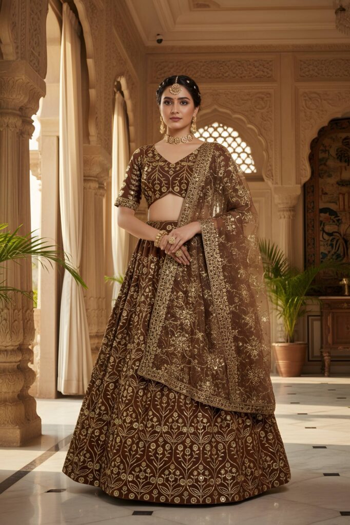 brown designer lehenga choli with sequins & zari embroidery