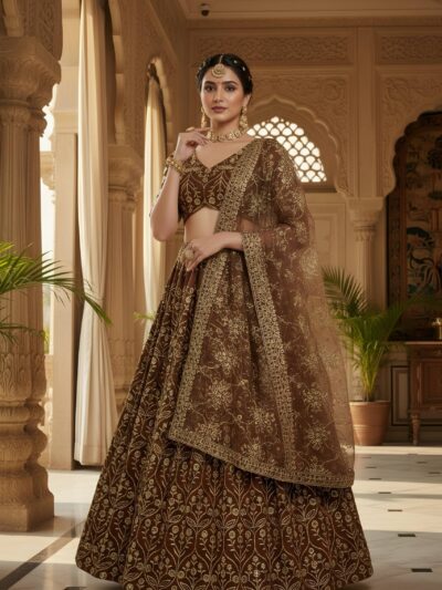 brown designer lehenga choli with sequins & zari embroidery
